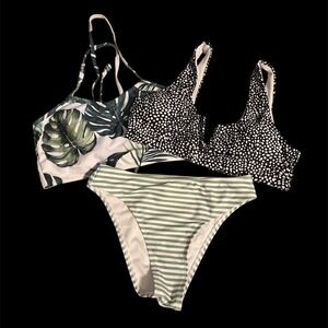 Women Bikini Swimsuit Lot 3pc Tropical Leaf Polka Dot Striped Mix Match Set